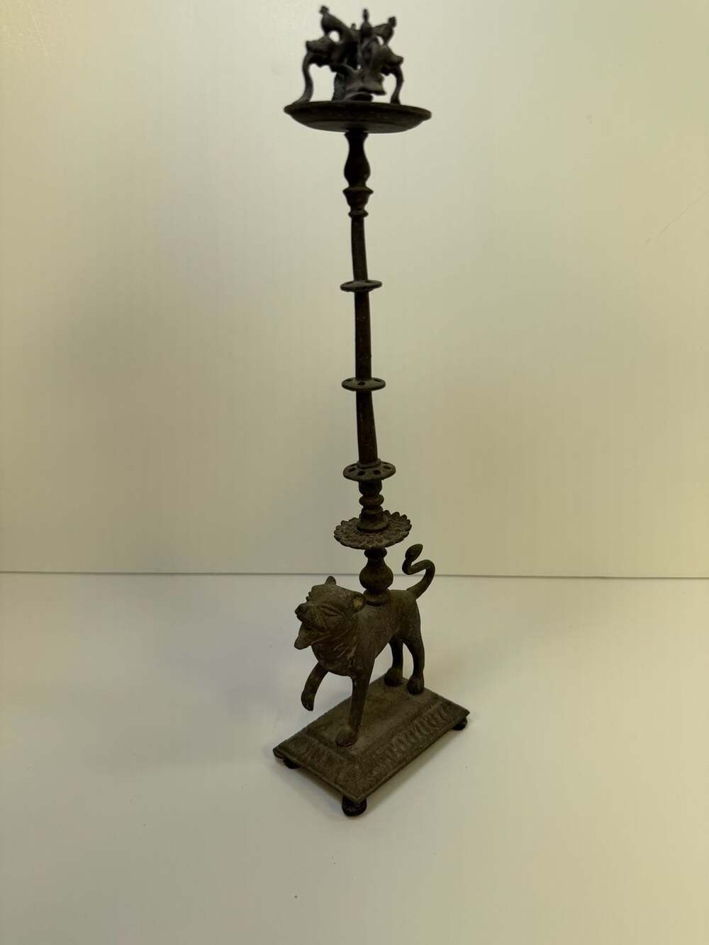 Antique Indian Bronze Temple Oil Lamp Stand 12 Inch Yali Lion Guardian